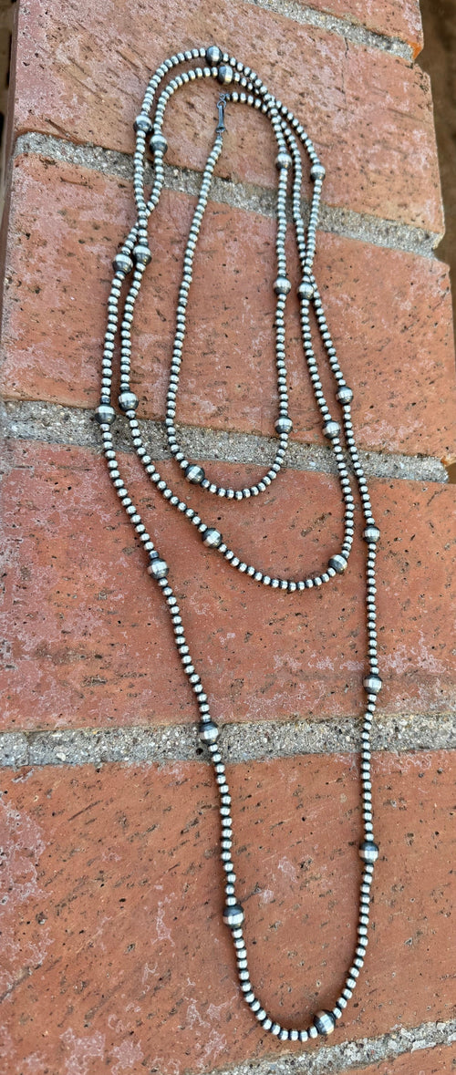 Handcrafted Sterling Silver Pearl 4&8mm Beaded Necklace 72"