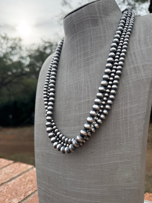 Handcrafted 3 Strand Sterling Silver Pearl 5-12mm Beaded Necklace