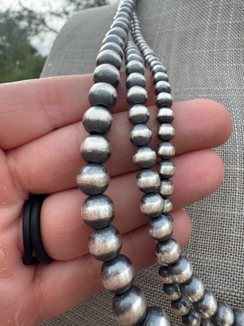 Handcrafted 3 Strand Sterling Silver Pearl 5-12mm Beaded Necklace