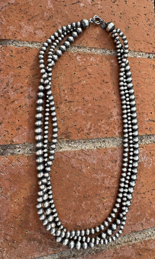 Handcrafted 3 Strand Sterling Silver Pearl 5-12mm Beaded Necklace