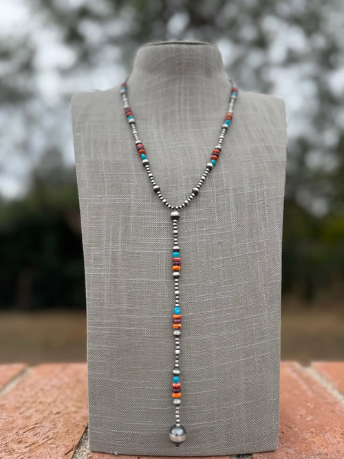 Handcrafted Sterling Silver & Multi Stone Beaded Lariat Necklace 20"