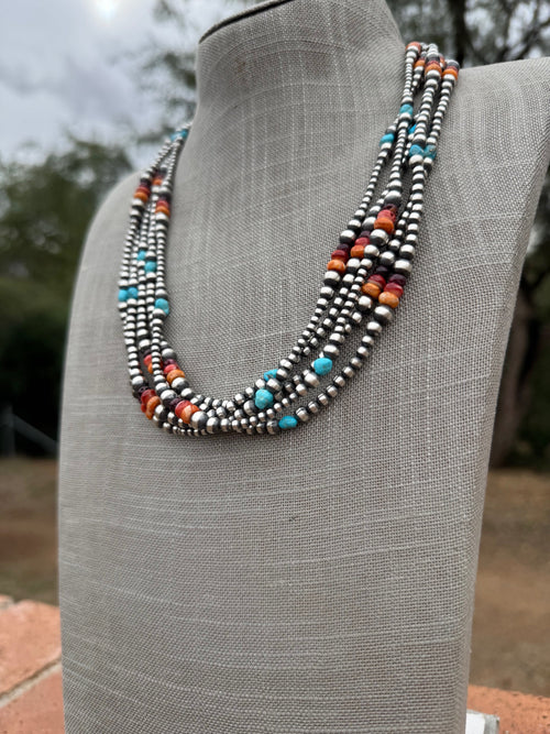 Handcrafted Multi Stone & Sterling Silver 3-6mm Beaded Necklace 22"