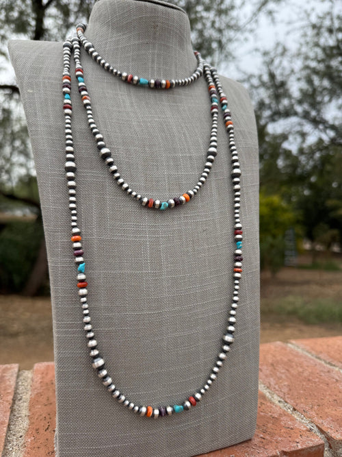 Handcrafted Multi Stone & Sterling Silver 4-8mm Beaded Necklace 72"