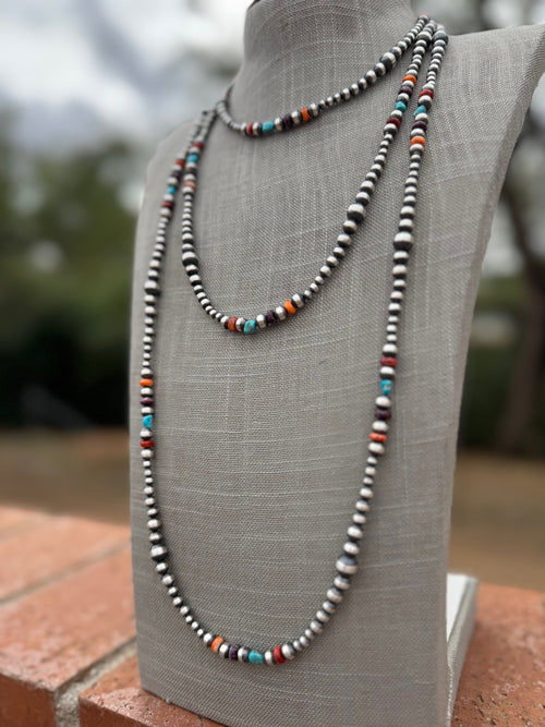 Handcrafted Multi Stone & Sterling Silver 4-8mm Beaded Necklace 72"