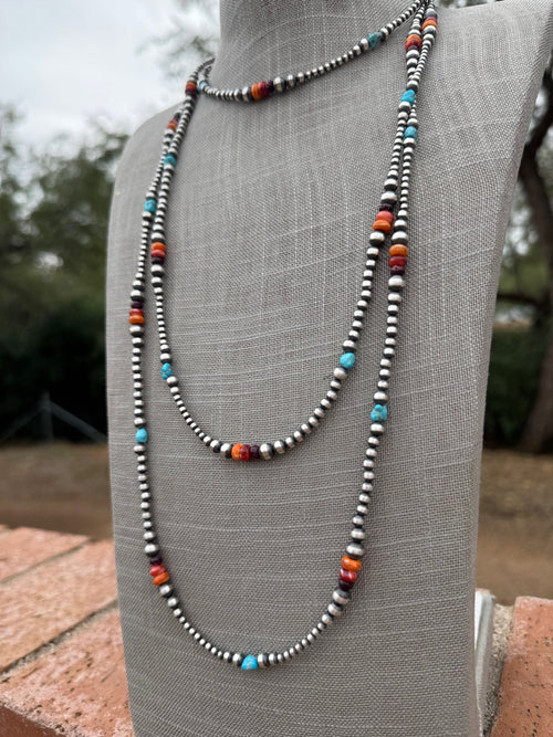 Handcrafted Multi Stone & Sterling Silver 3-5mm Beaded Necklace 72"