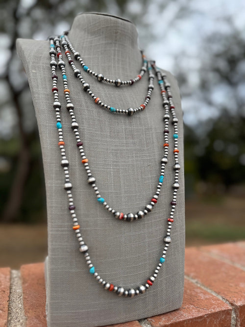 Handcrafted Multi Stone & Sterling Silver 4-8mm Beaded Necklace 36"