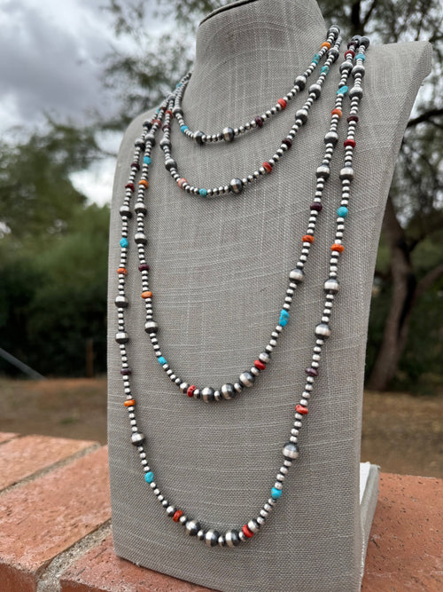 Handcrafted Multi Stone & Sterling Silver 4-8mm Beaded Necklace 36"