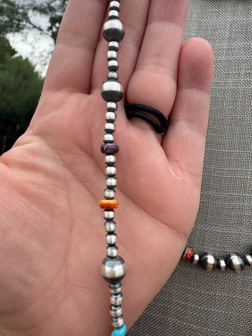 Handcrafted Multi Stone & Sterling Silver 4-8mm Beaded Necklace 36"