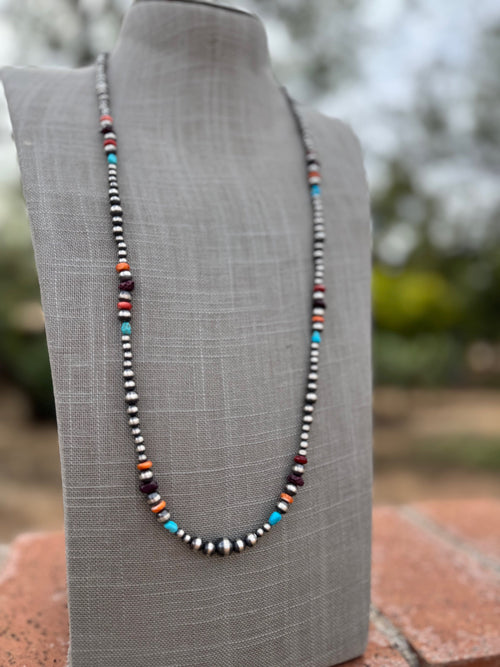 Handcrafted Multi Stone & Sterling Silver 4-8mm Beaded Necklace 30"