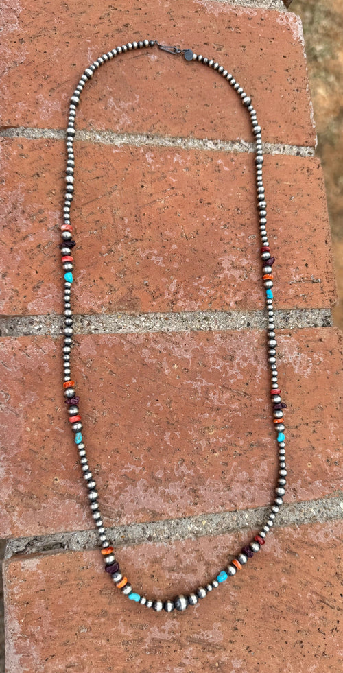 Handcrafted Multi Stone & Sterling Silver 4-8mm Beaded Necklace 30"