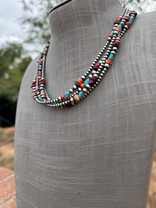 Handcrafted Multi Stone & Sterling Silver 3-5mm Beaded Necklace 18"