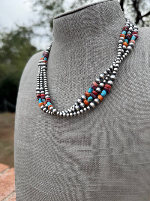 Handcrafted Multi Stone & Sterling Silver 4-6mm Beaded Necklace 18"