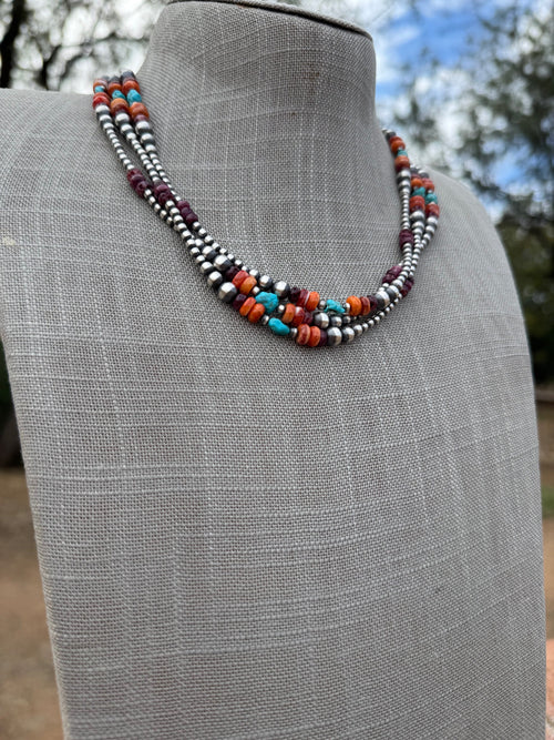 Handcrafted Multi Stone & Sterling Silver 3-6mm Beaded Necklace 18"