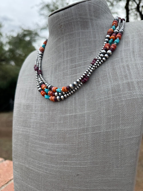 Handcrafted Multi Stone & Sterling Silver 3-6mm Beaded Necklace 18"