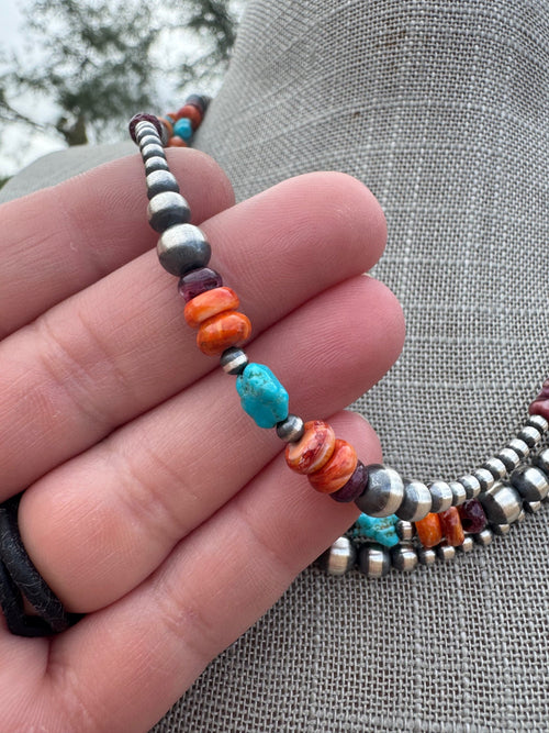 Handcrafted Multi Stone & Sterling Silver 3-6mm Beaded Necklace 18"