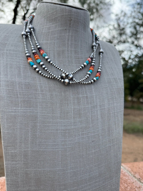 Handcrafted Multi Stone & Sterling Silver 3-8mm Beaded Necklace 18"