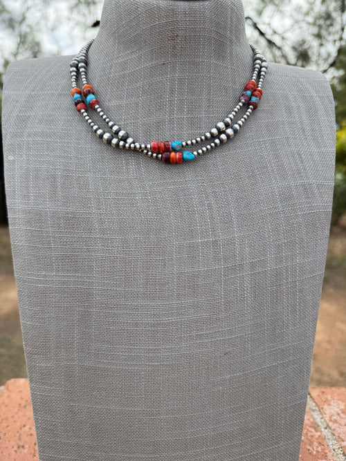 Handcrafted Multi Stone & Sterling Silver 3-6mm Beaded Necklace 16"