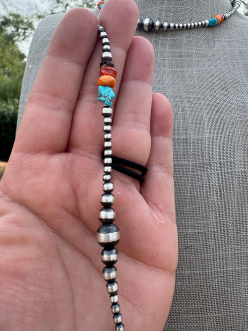 Handcrafted Multi Stone & Sterling Silver 3-8mm Beaded Necklace 14"