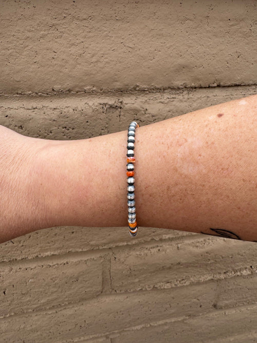 Handcrafted Orange Spiny & Sterling Silver 4mm Beaded Bracelet 7.5"