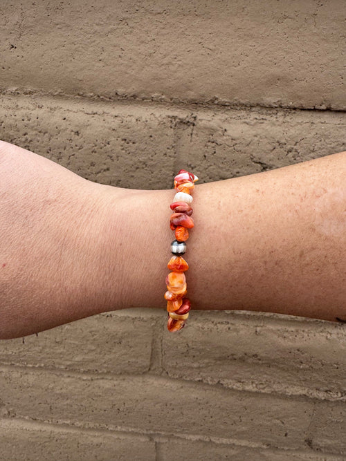 Handcrafted Orange Spiny & Sterling Silver 6mm Beaded Bracelet 7.5"
