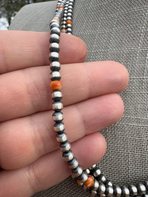 Handcrafted Orange Spiny & Sterling Silver 4mm Beaded Necklace 20"
