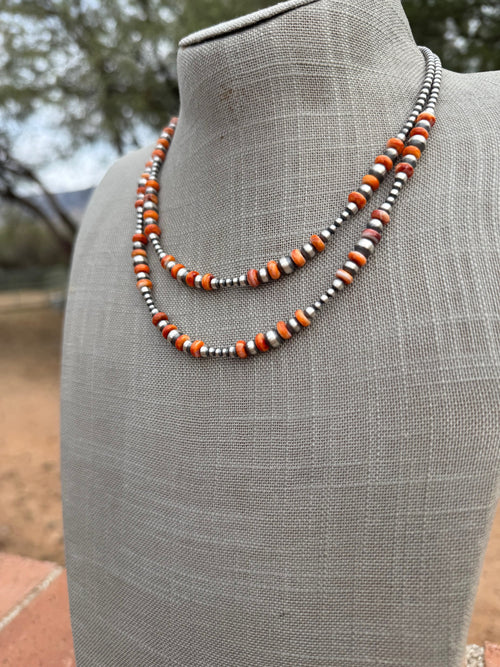 Handcrafted Orange Spiny & Sterling Silver 3-6mm Beaded Necklace