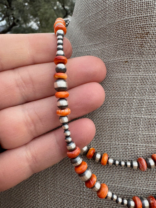 Handcrafted Orange Spiny & Sterling Silver 3-6mm Beaded Necklace