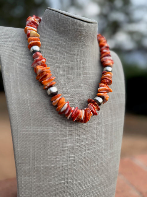 Handcrafted Orange Spiny & Sterling Silver 5-8mm Beaded Necklace 20"