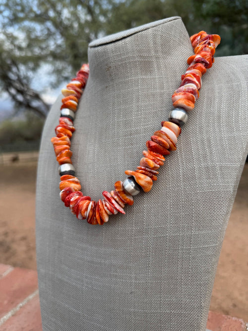 Handcrafted Orange Spiny & Sterling Silver 5-8mm Beaded Necklace 20"