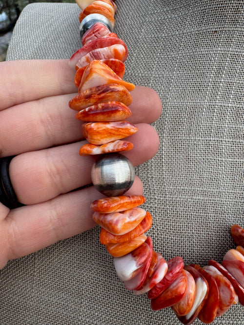Handcrafted Orange Spiny & Sterling Silver 5-8mm Beaded Necklace 20"