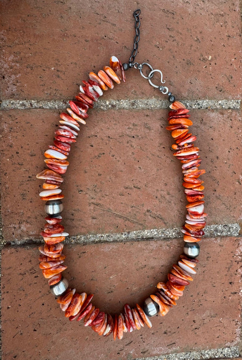 Handcrafted Orange Spiny & Sterling Silver 5-8mm Beaded Necklace 20"