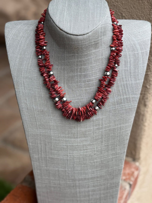 Handcrafted Red Spiny Oyster and Sterling Silver Pearl 5-8mm Beaded Necklace 18"