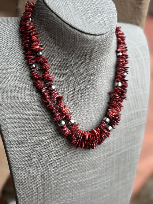 Handcrafted Red Spiny Oyster and Sterling Silver Pearl 5-8mm Beaded Necklace 18"