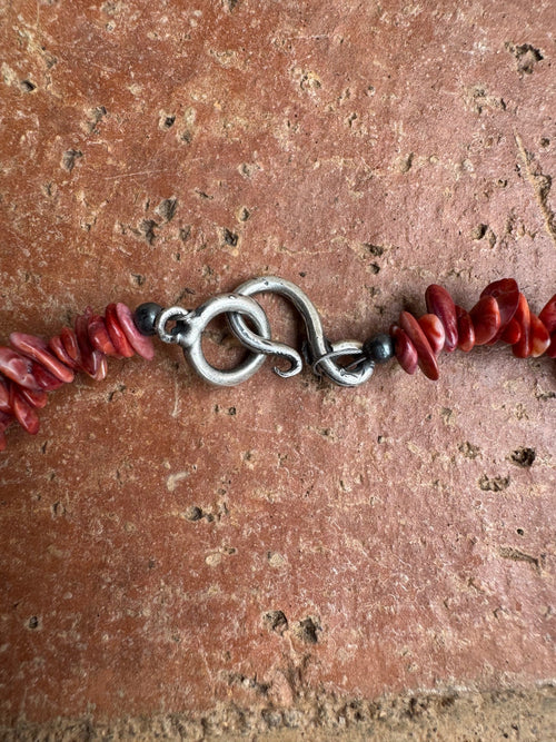 Handcrafted Red Spiny Oyster and Sterling Silver Pearl 5-8mm Beaded Necklace 18"