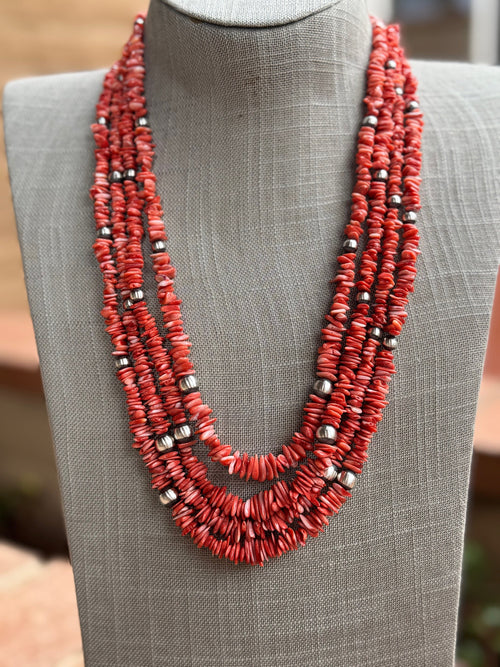 Handcrafted Coral and Sterling Silver Pearl 5-8mm Beaded Necklace 26"