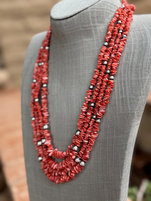 Handcrafted Coral and Sterling Silver Pearl 5-8mm Beaded Necklace 26"