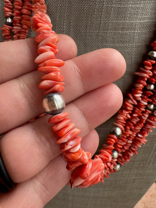 Handcrafted Coral and Sterling Silver Pearl 5-8mm Beaded Necklace 26"