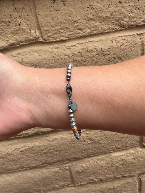 Handcrafted Orange Spiny & Sterling Silver 4mm Beaded Bracelet 7.5"