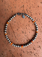 Handcrafted Orange Spiny & Sterling Silver 4mm Beaded Bracelet 7.5"