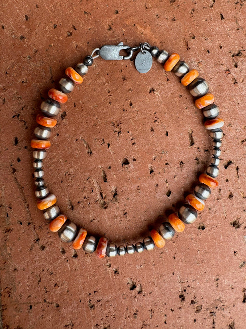 Handcrafted Orange Spiny & Sterling Silver 3-6mm Beaded Bracelet 7.5"