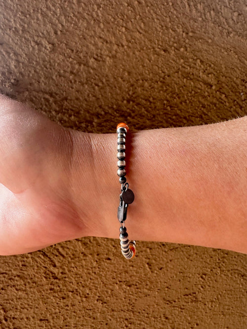 Handcrafted Orange Spiny & Sterling Silver 4-5mm Beaded Bracelet 7.5"