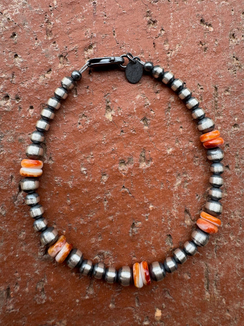 Handcrafted Orange Spiny & Sterling Silver 4-5mm Beaded Bracelet 7.5"