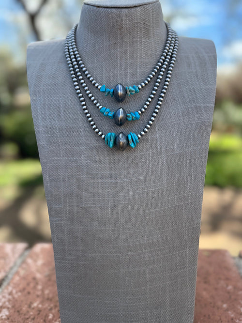 Handcrafted Kingman Turquoise & Sterling Silver 4-14mm Beaded Necklace