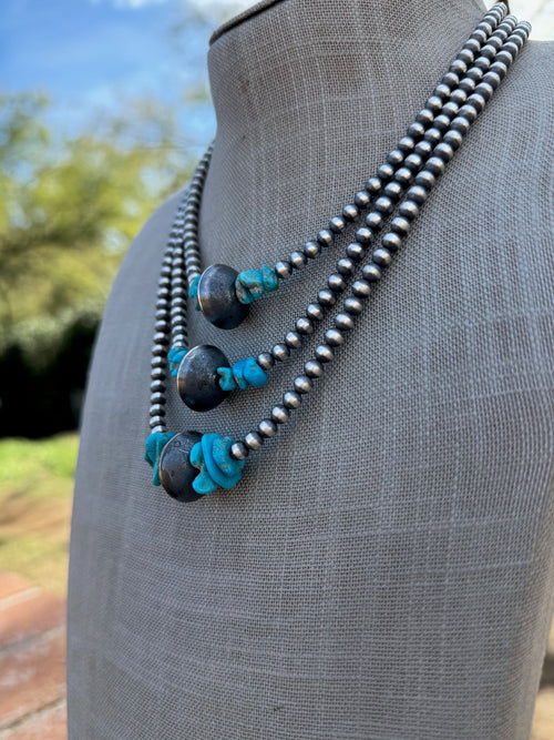 Handcrafted Kingman Turquoise & Sterling Silver 5-14mm Beaded Necklace