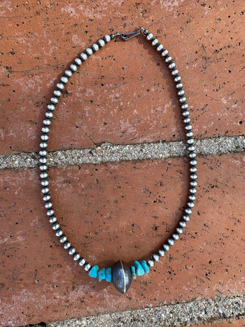 Handcrafted Kingman Turquoise & Sterling Silver 5-14mm Beaded Necklace
