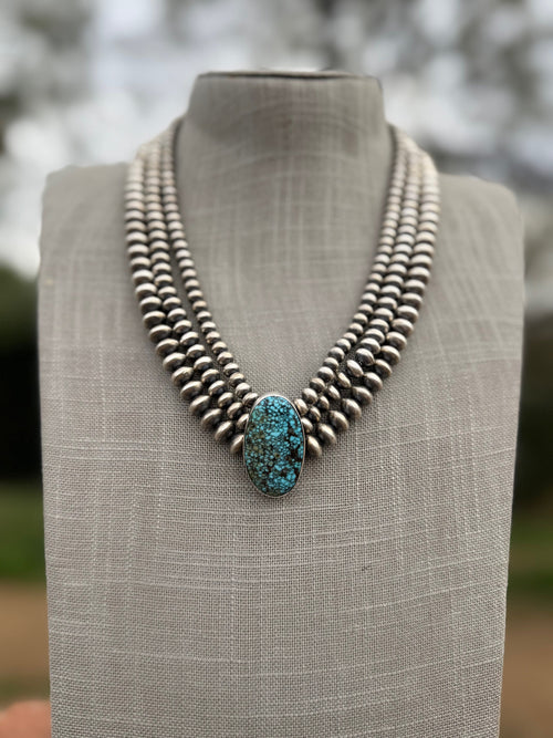 Handcrafted Kingman Webb Turquoise & Sterling Silver Beaded 3 Strand 6mm Beaded Necklace 20"