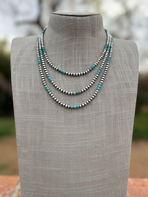 Handcrafted Turquoise & Sterling Silver Pearl 4mm Beaded Necklace