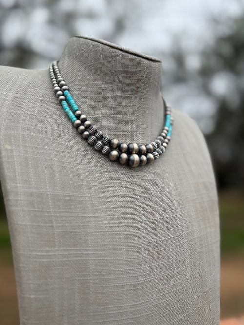 Handmade Rolled Kingman Turquoise and Sterling Silver 4-10mm Beaded Necklace 16"