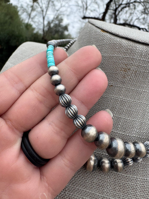 Handmade Rolled Kingman Turquoise and Sterling Silver 4-10mm Beaded Necklace 16"