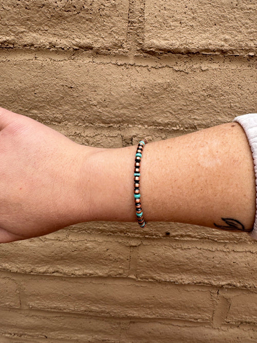 Handcrafted Copper & Turquoise 4mm Beaded Bracelet 7"